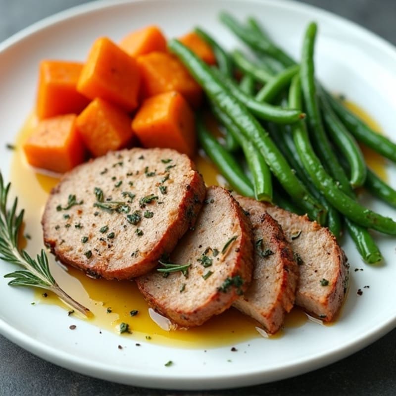 Herb-Roasted Pork Tenderloin with Crispy Sweet Potatoes and Green Beans