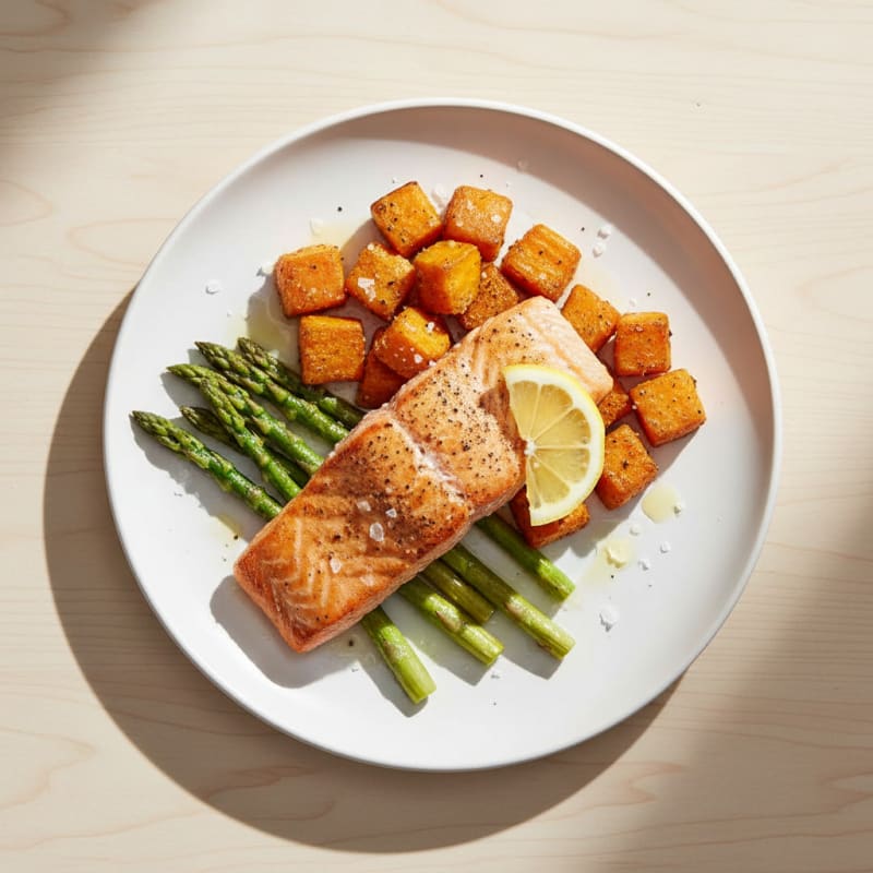Seared Salmon Fillet with Roasted Sweet Potatoes and Asparagus