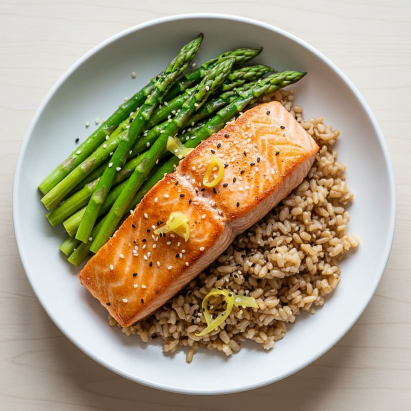 Seared Salmon with Steamed Asparagus and Brown Rice