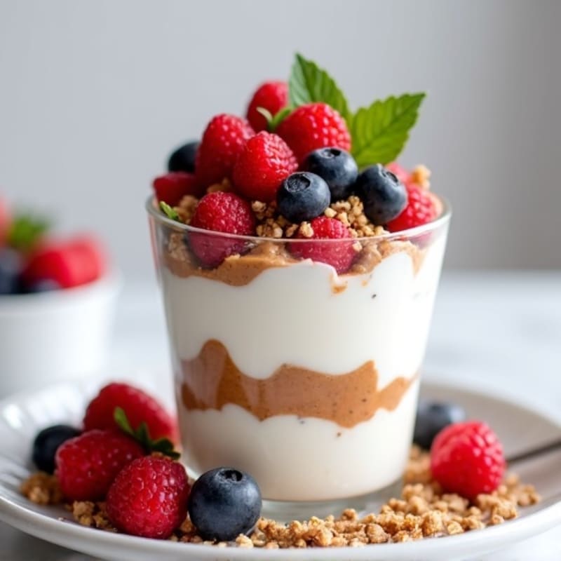 Greek Yogurt Protein Parfait with Almond Butter and Mixed Berries