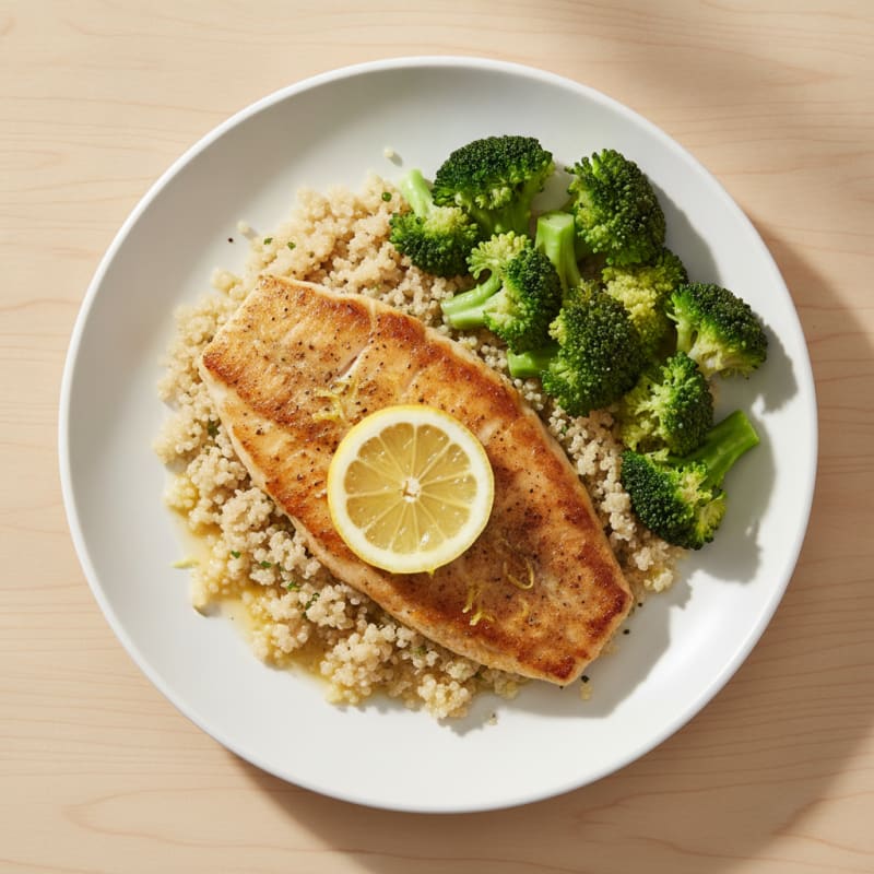 Seared Tilapia with Steamed Broccoli and Quinoa