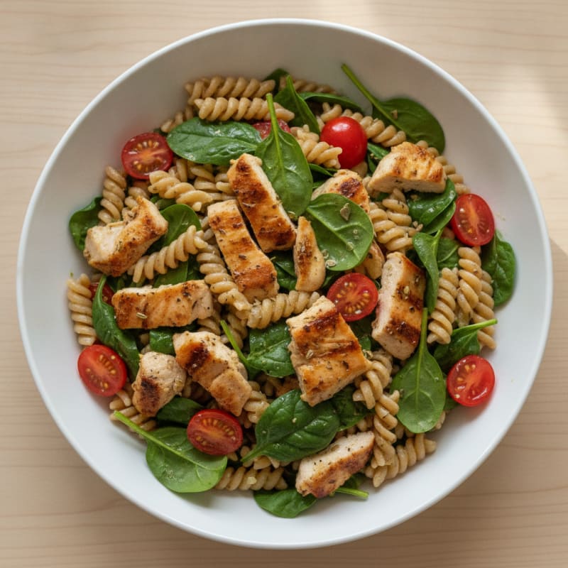 Grilled Chicken Pasta Salad with Spinach and Cherry Tomatoes