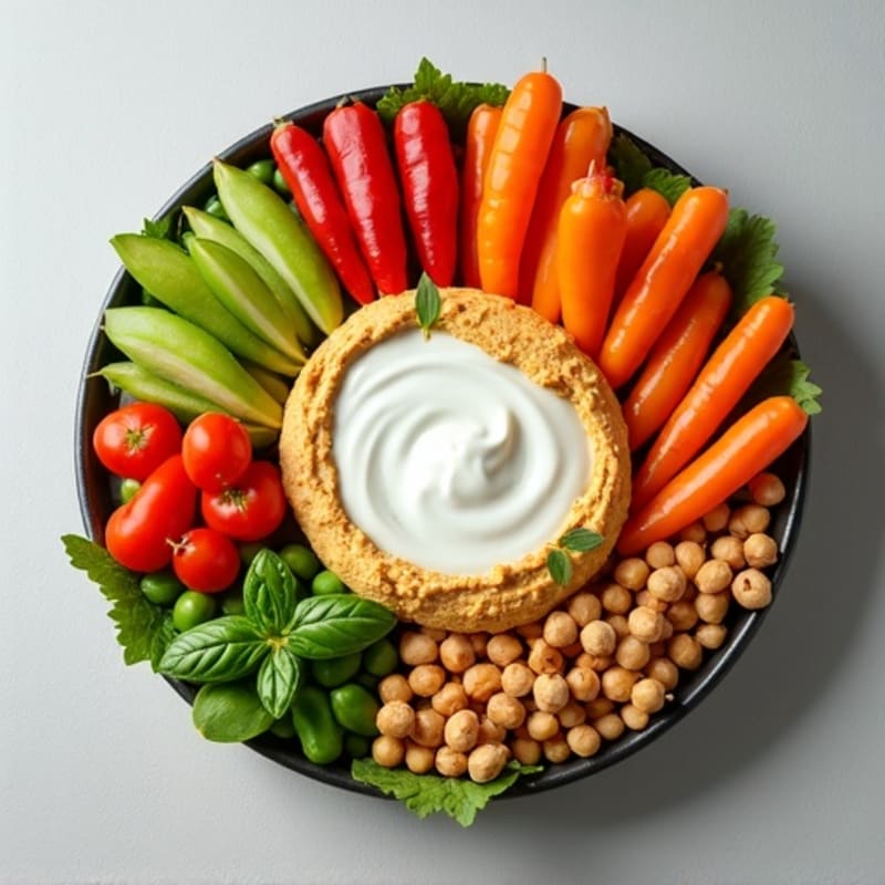 Creamy Hummus Platter with Fresh Crisp Vegetables and Roasted Chickpeas