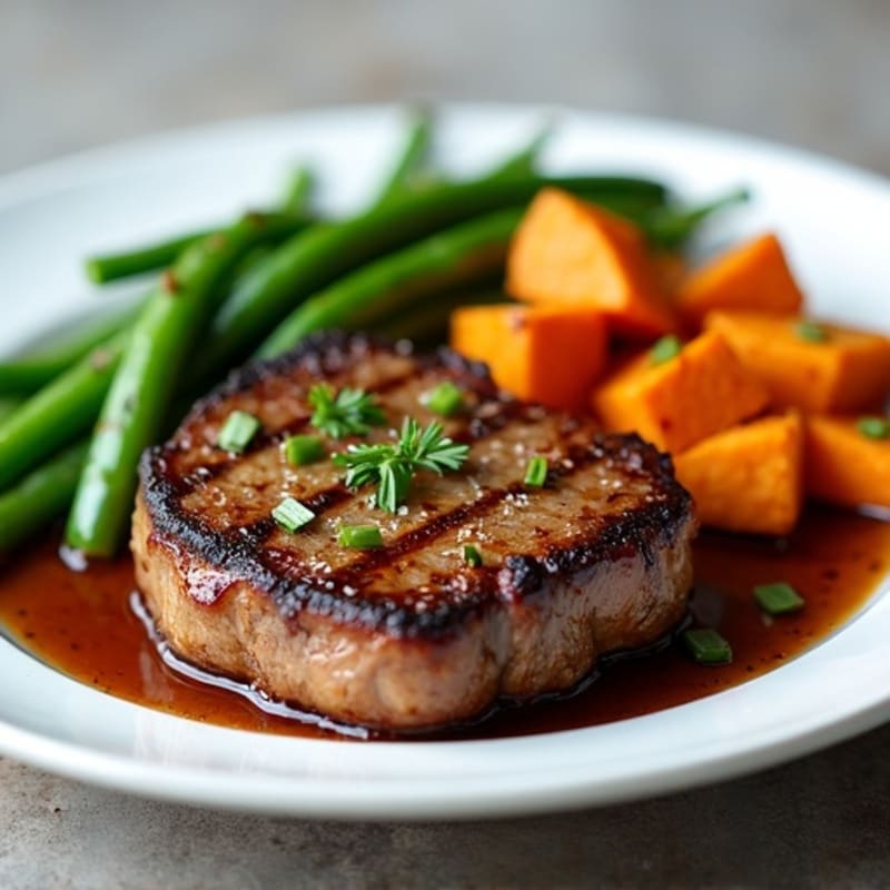 Tender Pan-Seared Sirloin Steak with Crispy Roasted Sweet Potatoes and Green Beans