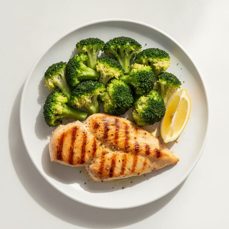 Grilled Chicken Breast with Steamed Broccoli and Lemon