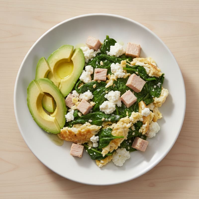 Egg White Spinach Scramble with Cottage Cheese and Sliced Turkey