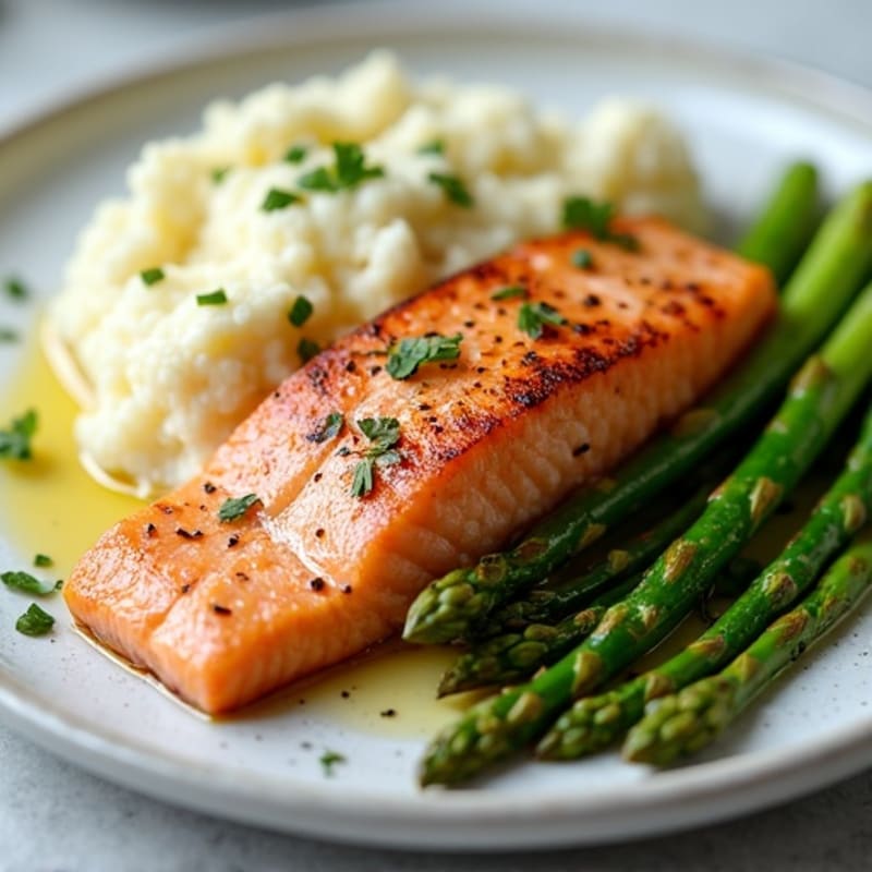 Seared Salmon Fillet with Roasted Asparagus and Cauliflower Mash