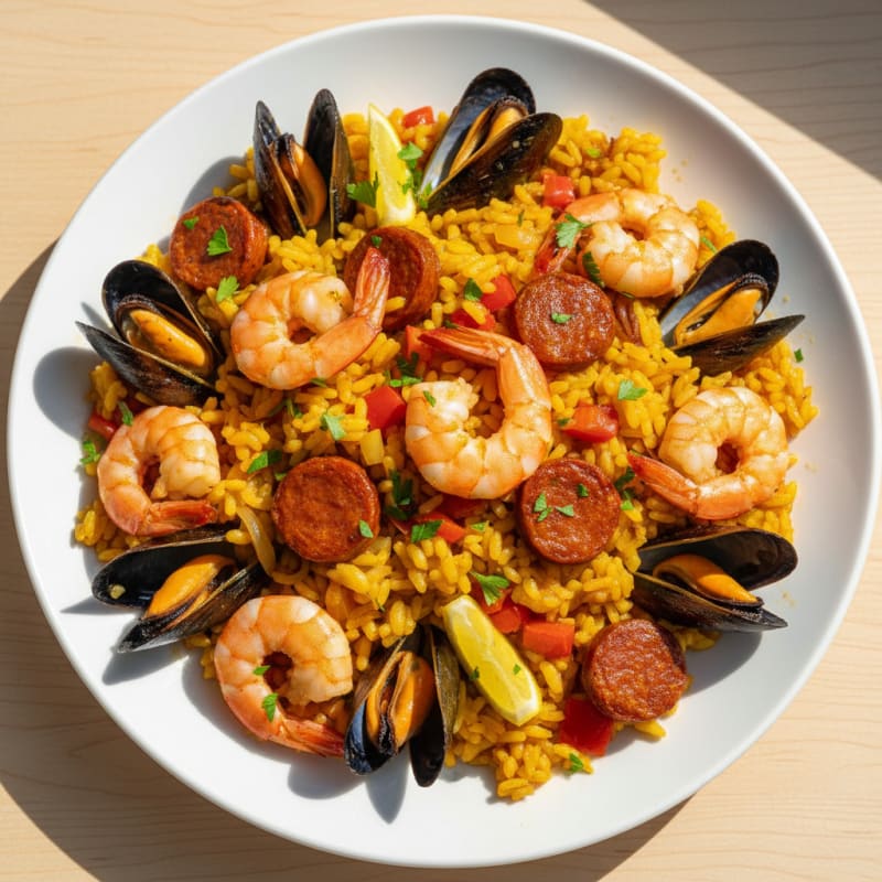 Saffron Seafood Paella with Chorizo