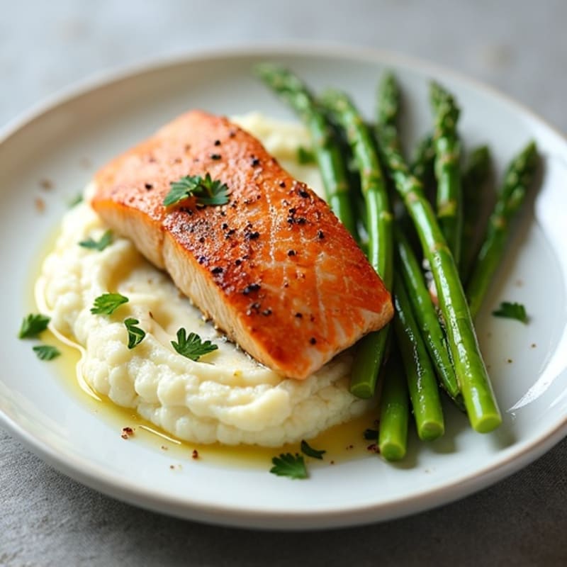 Seared Salmon with Steamed Asparagus and Cauliflower Mash
