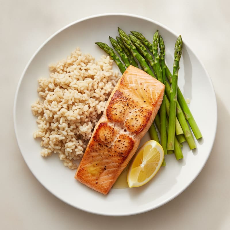 Seared Salmon Fillet with Steamed Asparagus and Brown Rice