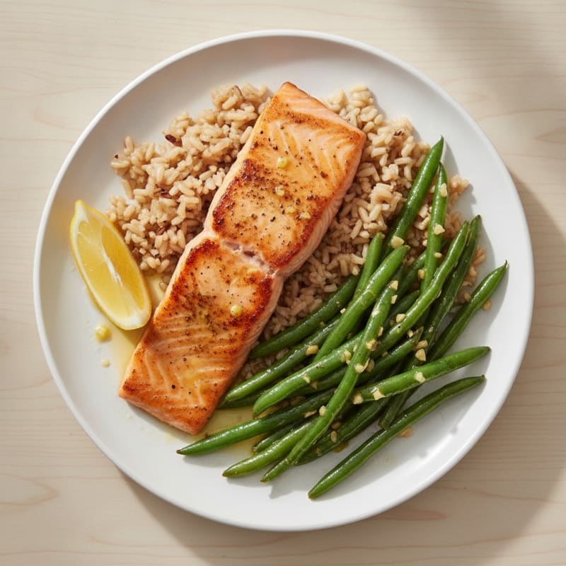 Seared Salmon with Garlic Green Beans and Brown Rice