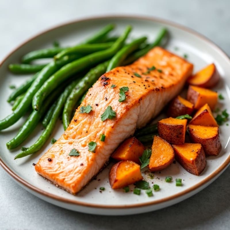 Seared Salmon Fillet with Roasted Sweet Potato and Green Beans