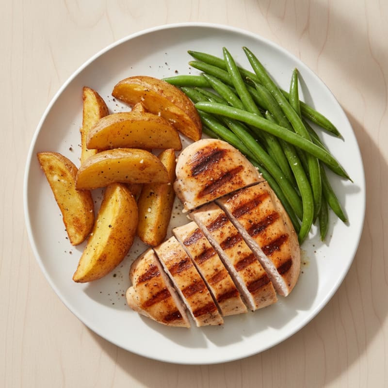 Grilled Chicken Breast with Crispy Potato Wedges and Green Beans