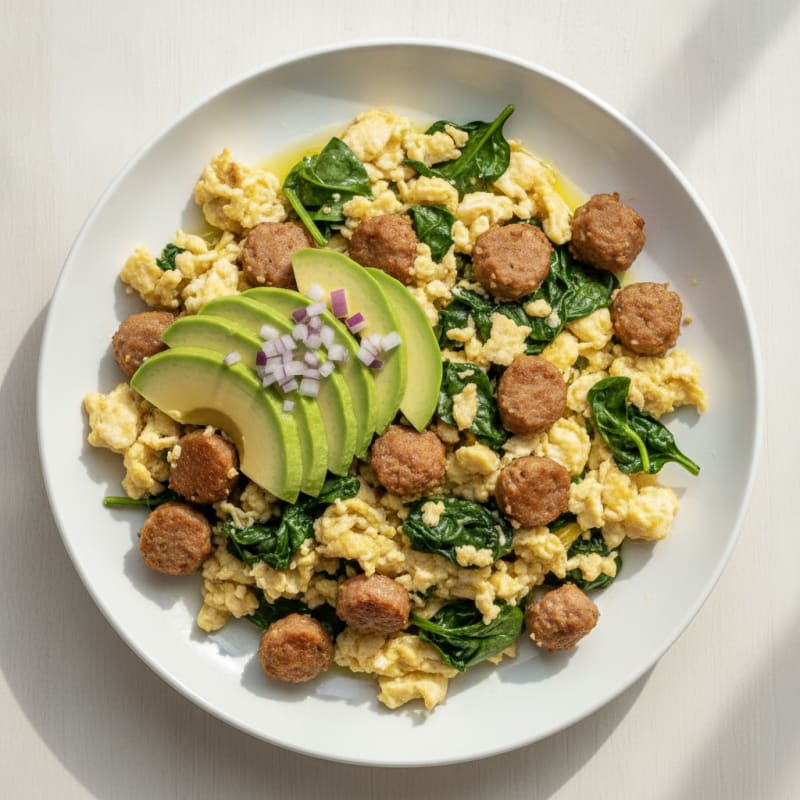 Egg White and Turkey Sausage Scramble with Sautéed Spinach