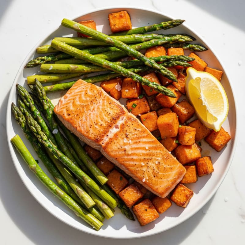 Seared Salmon Fillet with Roasted Asparagus and Sweet Potato