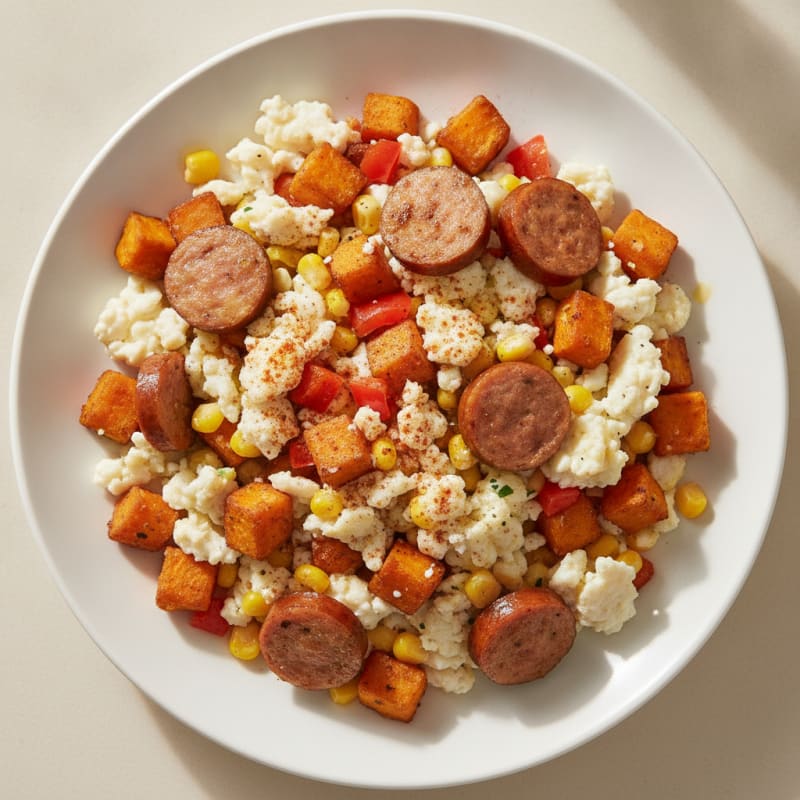 Egg White Scramble with Sweet Potato Hash and Turkey Sausage