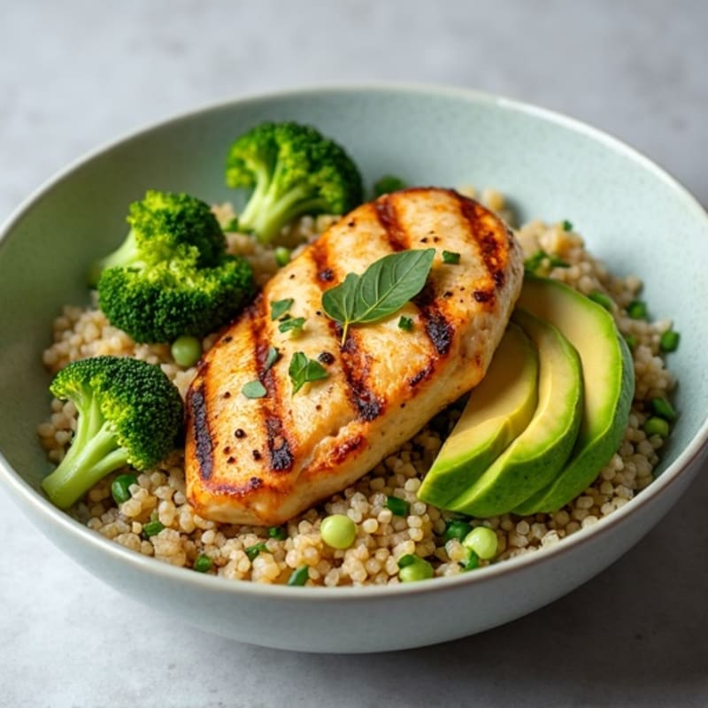 Grilled Chicken Breast with Roasted Broccoli, Quinoa and Avocado