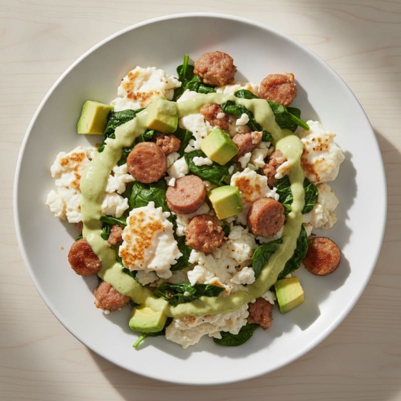 Scrambled Egg Whites with Turkey Sausage and Sautéed Spinach