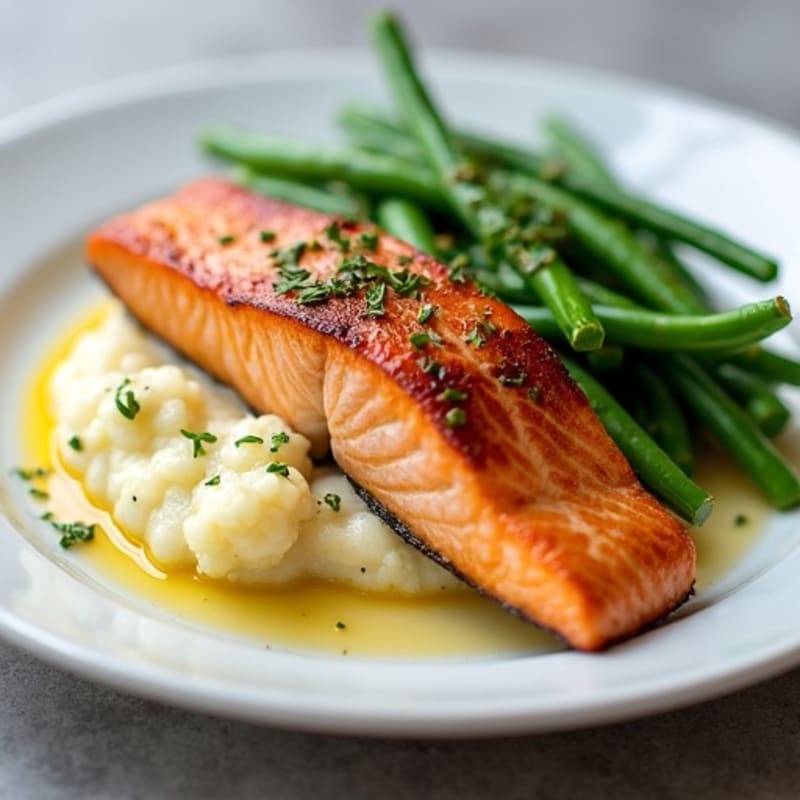 Seared Salmon with Garlic Green Beans and Cauliflower Mash
