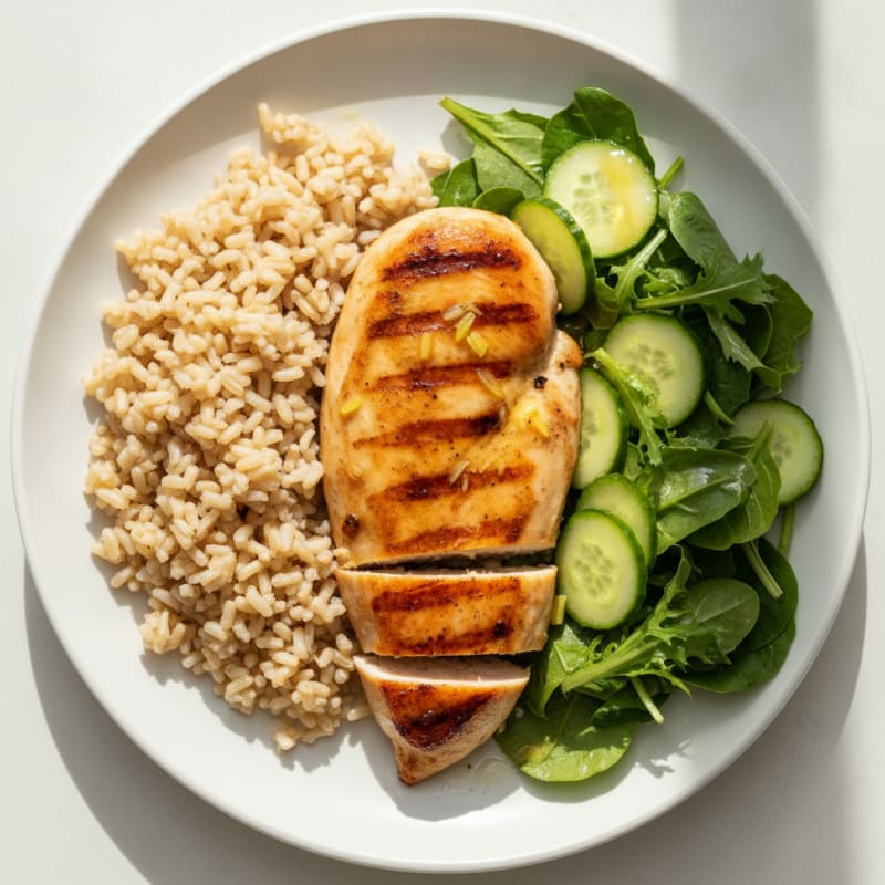 Grilled Chicken Breast with Brown Rice and Fresh Greens Salad