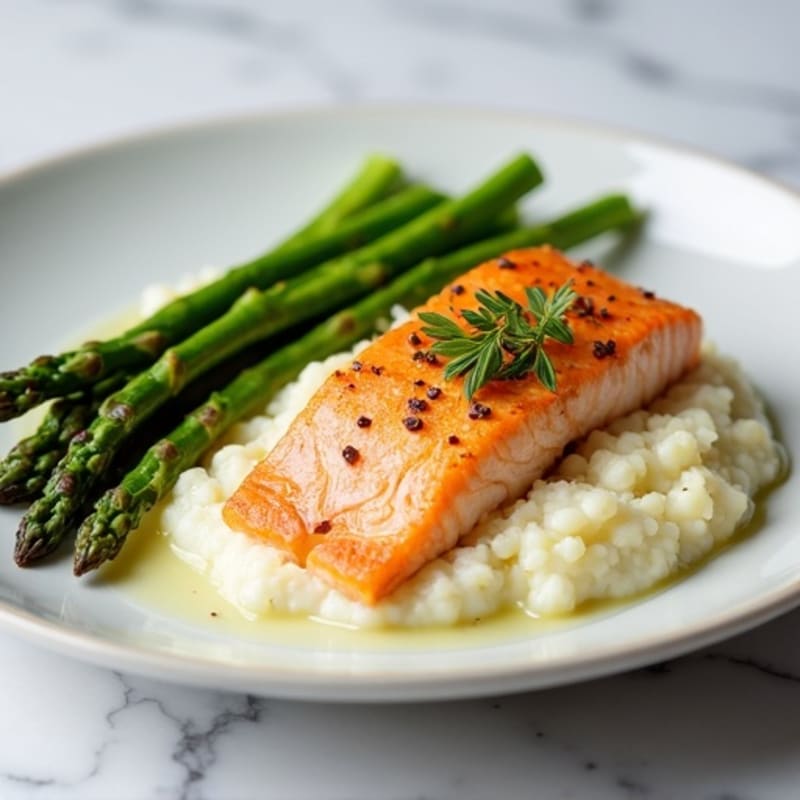 Seared Salmon Fillet with Steamed Asparagus and Cauliflower Mash
