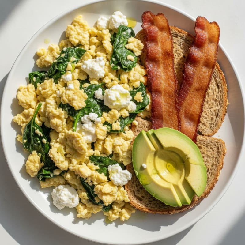 Cottage Cheese Scramble with Spinach and Turkey Bacon