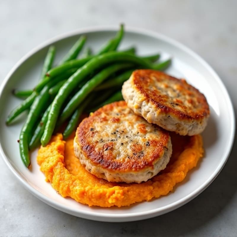 Seared Turkey Patties with Steamed Green Beans and Sweet Potato Mash
