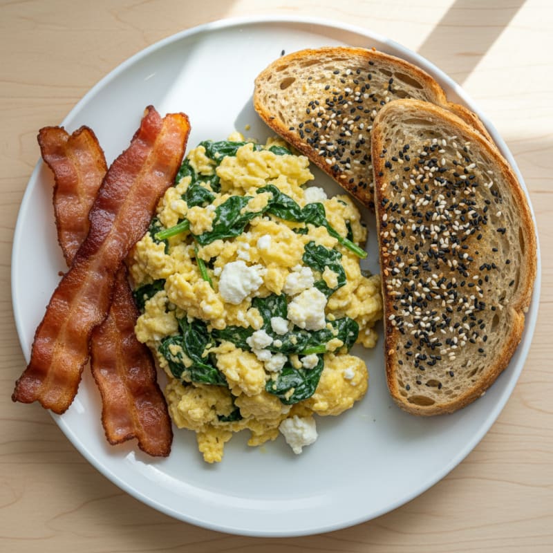 Cottage Cheese Scramble with Spinach and Turkey Bacon
