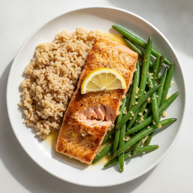 Seared Salmon with Garlic Green Beans and Brown Rice