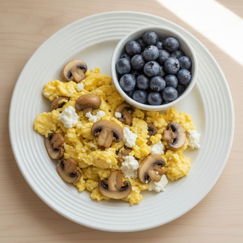 Cottage Cheese Egg Scramble with Mushrooms and Blueberries