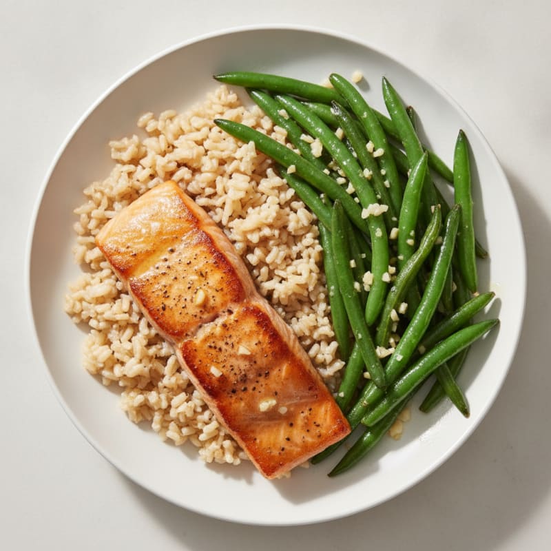 Seared Salmon with Garlic Green Beans and Brown Rice