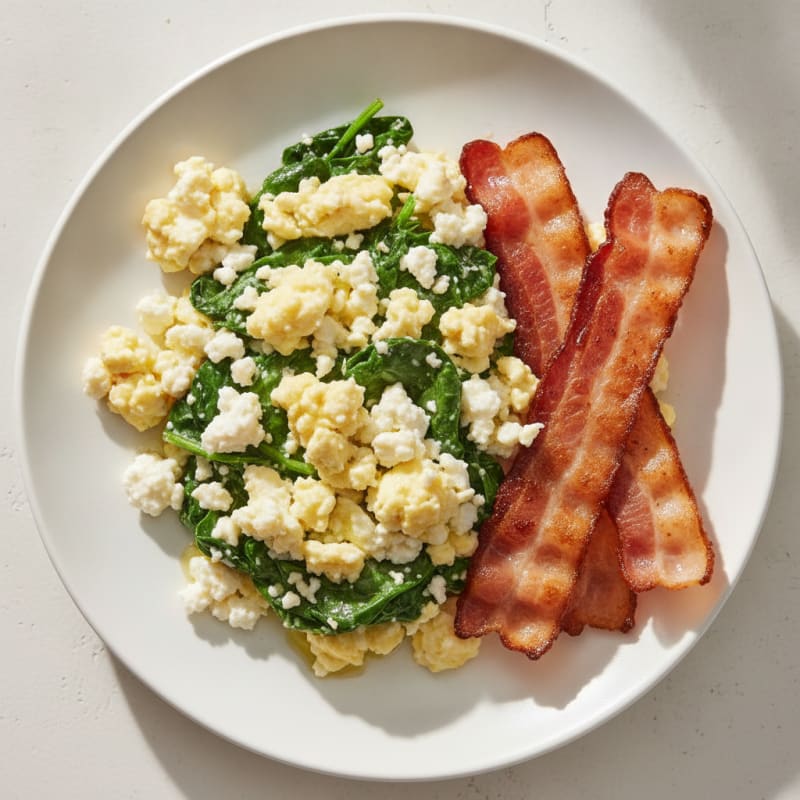 Cottage Cheese Egg Scramble with Spinach and Turkey Bacon