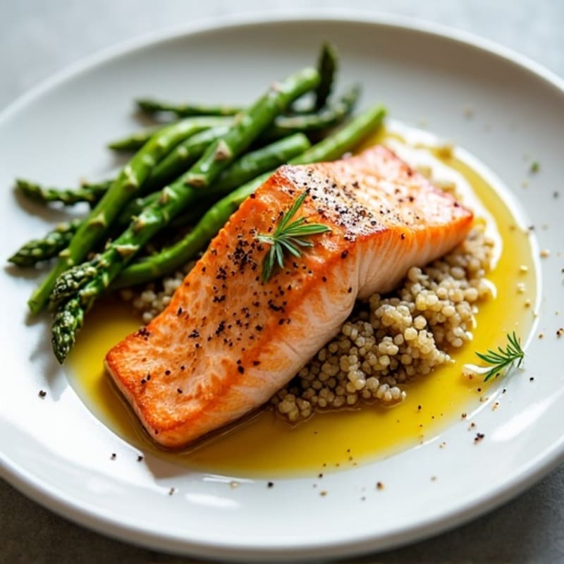 Seared Salmon Fillet with Roasted Asparagus and Quinoa