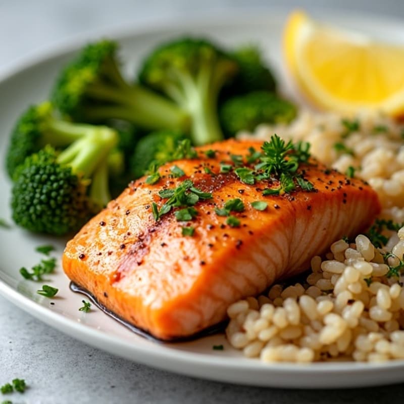 Lemon-Herb Roasted Salmon with Crispy Broccoli and Fluffy Brown Rice