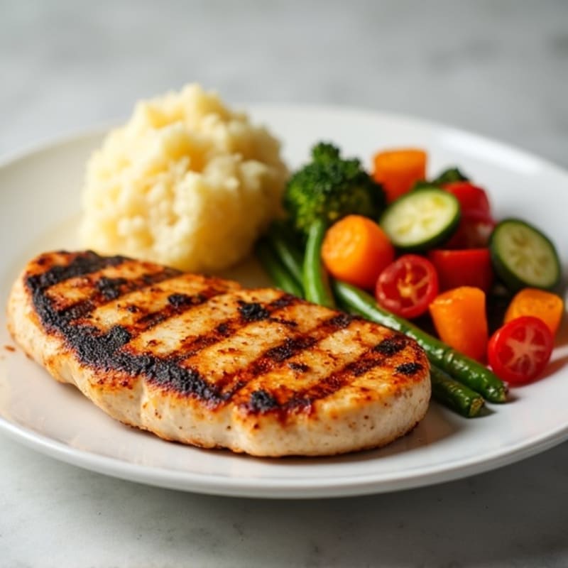 Grilled Chicken Breast with Steamed Vegetables and Baked Potato