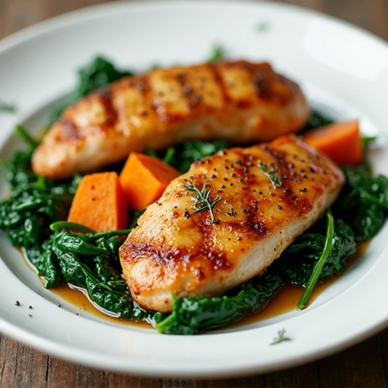 Maple-Glazed Chicken with Roasted Sweet Potatoes and Sautéed Spinach