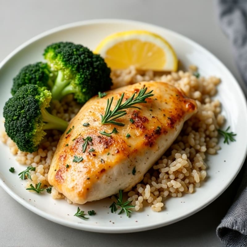 Lemon Herb Roasted Chicken with Fluffy Brown Rice and Crispy Roasted Broccoli