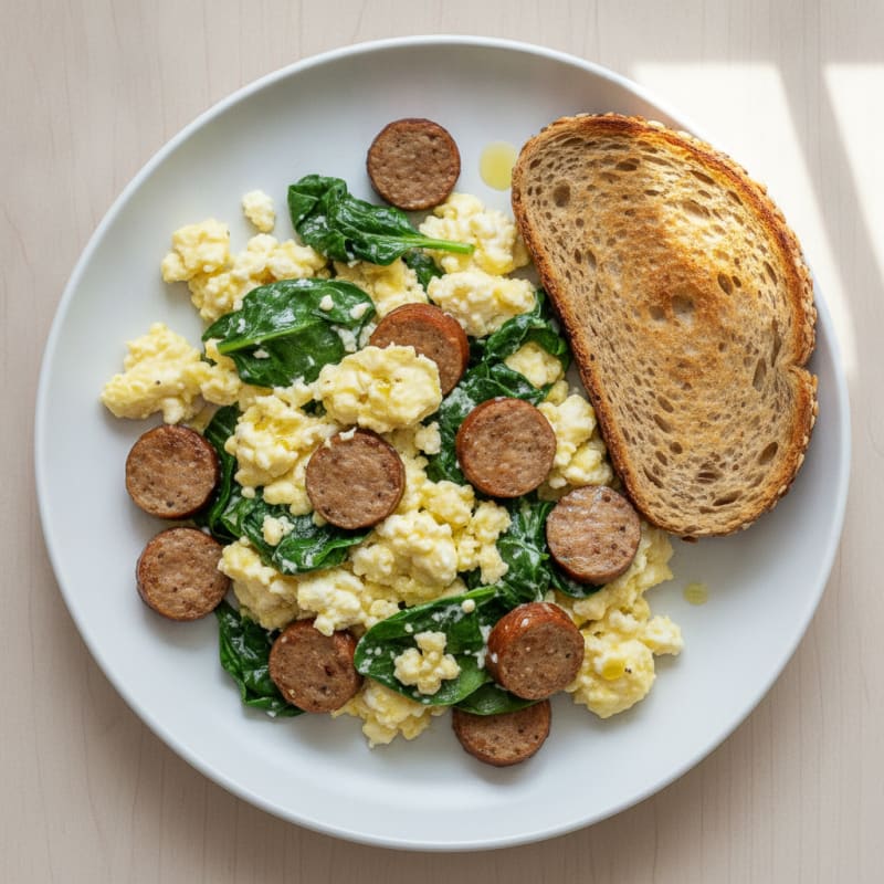 Cottage Cheese Scramble with Spinach and Turkey Sausage