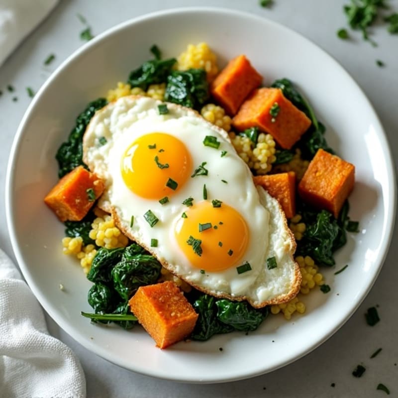 Cottage Cheese Scramble with Spinach and Roasted Sweet Potato