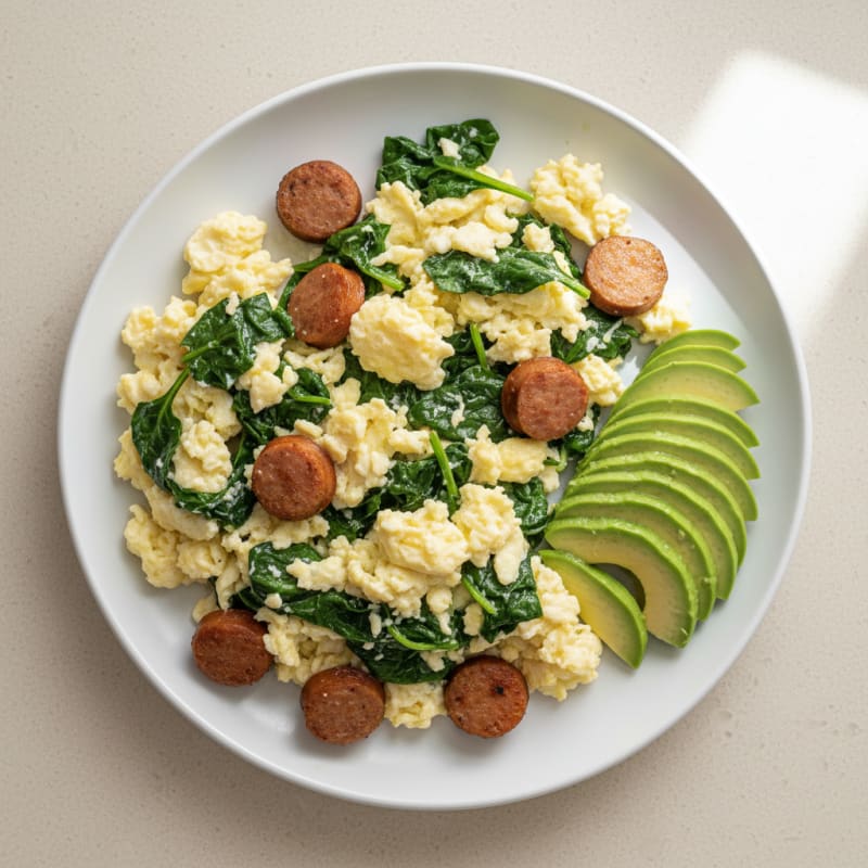 Egg White Spinach Scramble with Turkey Sausage and Sliced Avocado