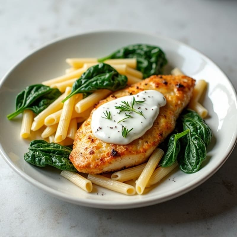Healthy Creamy Garlic Chicken with Whole Wheat Pasta and Spinach
