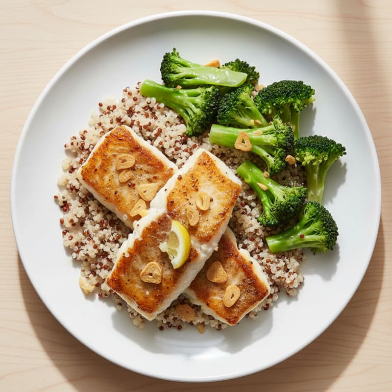Pan-Seared Fish with Steamed Broccoli and Quinoa