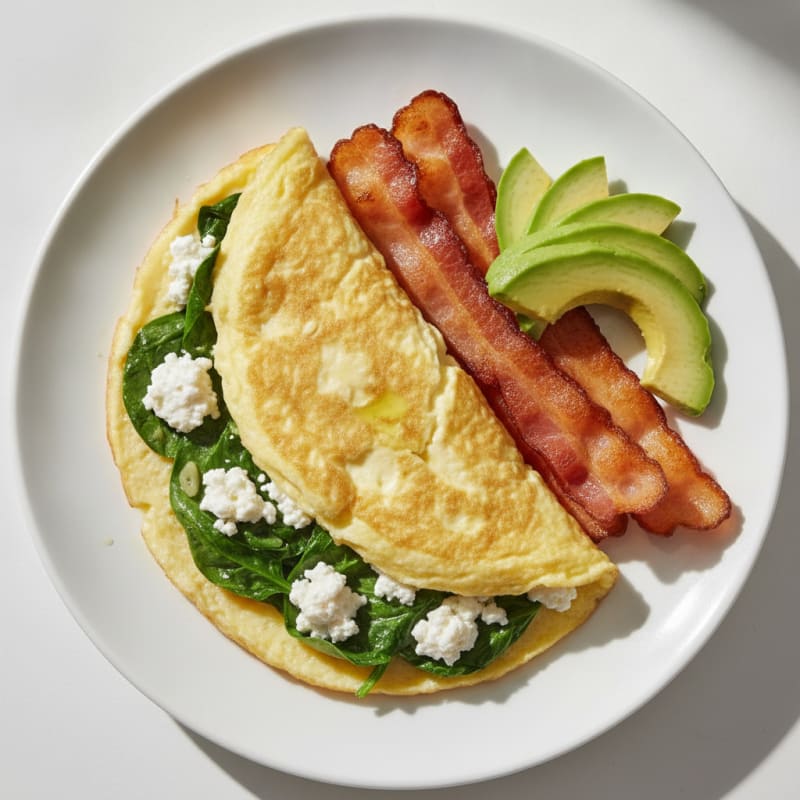 Cottage Cheese Egg White Omelet with Sautéed Spinach and Turkey Bacon