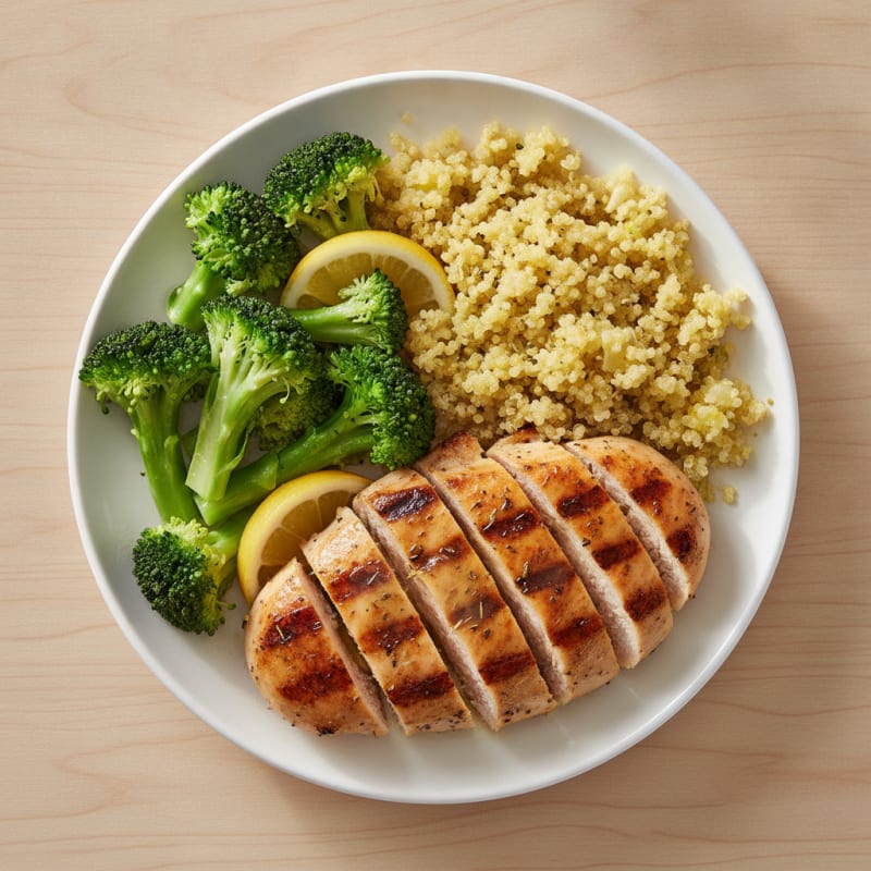 Grilled Chicken Breast with Steamed Broccoli and Quinoa