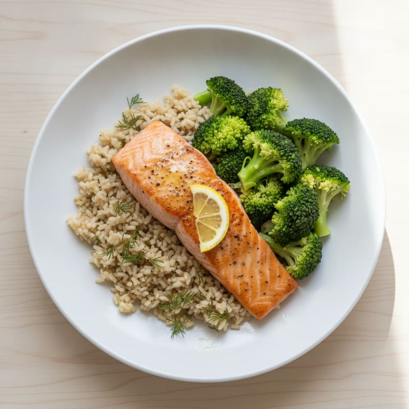 Seared Salmon with Steamed Broccoli and Herbed Brown Rice