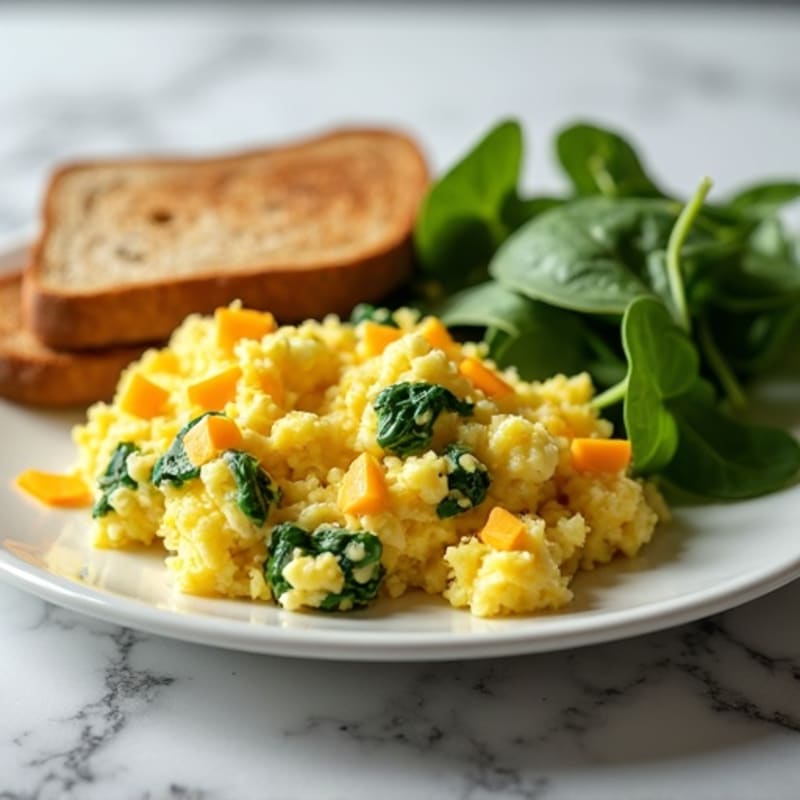 Cottage Cheese Egg Scramble with Spinach, Cheddar, Toast & Avocado