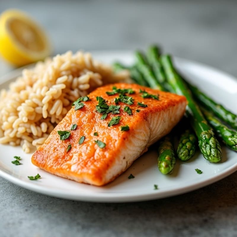 Seared Salmon Fillet with Steamed Asparagus and Brown Rice