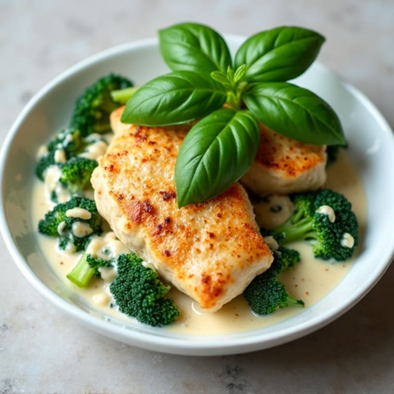 Creamy Coconut Chicken with Vibrant Green Vegetables and Fresh Basil