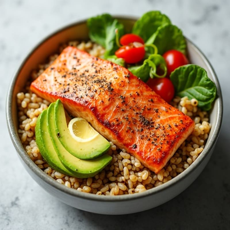 Flaky Roasted Salmon Bowl with Brown Rice, Avocado, and Crunchy Veggies