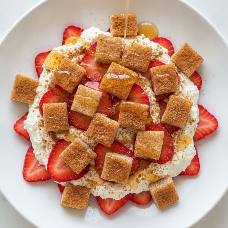 Cottage Cheese Strawberry Protein Parfait with Toasted Bread Cubes